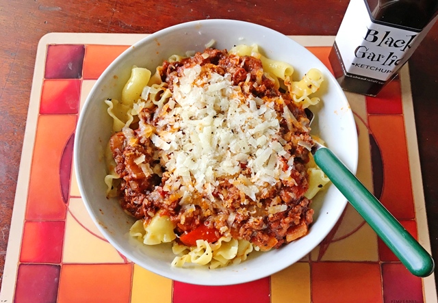 Black Garlic Ketchup Bolognese with pasta